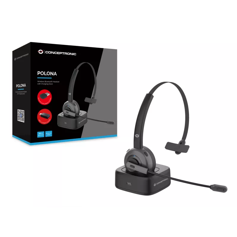 Conceptronic POLONA auriculares Bluetooth inalámbricos con base de carga y adaptador de audio Bluetooth USB-A