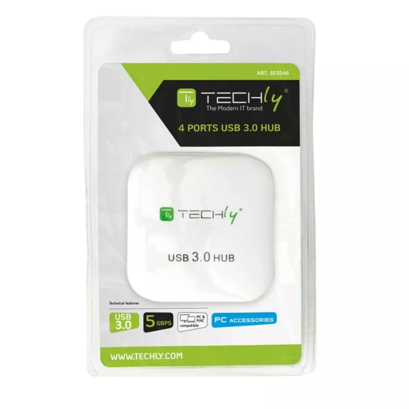Hub USB 3.0 Super Speed Techly 4 puertos blanco IUSB3-HUB4-WH, USB 3.2 Gen 1 (3.1 Gen 1) Type-A, 5000 Mbit/s, blanco, 0,8 m, CE, RoHS, USB 2.0 USB 1.1