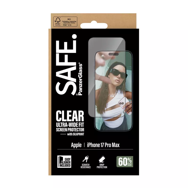 Protector de pantalla PanzerGlass SAFE. para iPhone 17 Pro Max – lámina PET ultra gran angular con marco negro, EasyAligner, resistente a arañazos y golpes