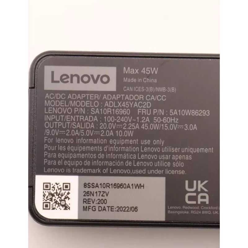 Adaptador de corriente Lenovo 5A10W86293 para interiores 45 W negro