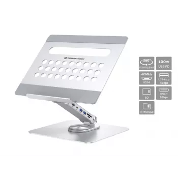 Conceptronic DONN27G, Soporte para portátil, Plata, Aluminio, 360°, USB 3.2 Gen 1 (3.1 Gen 1) Type-C, 5000 Mbit/s