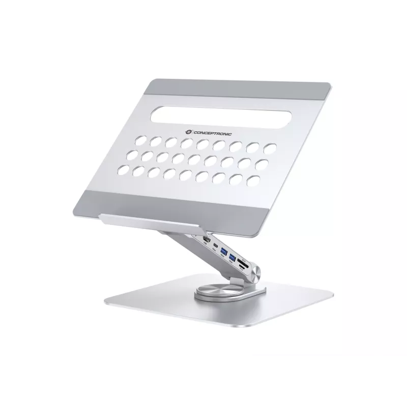 Conceptronic DONN27G, Soporte para portátil, Plata, Aluminio, 360°, USB 3.2 Gen 1 (3.1 Gen 1) Type-C, 5000 Mbit/s