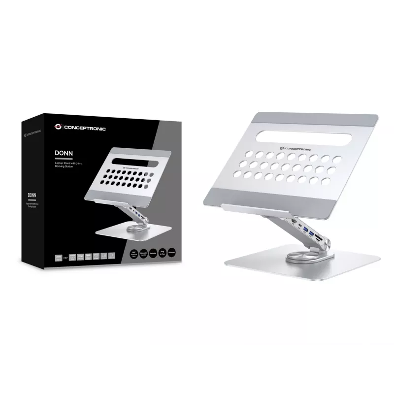 Conceptronic DONN27G, Soporte para portátil, Plata, Aluminio, 360°, USB 3.2 Gen 1 (3.1 Gen 1) Type-C, 5000 Mbit/s