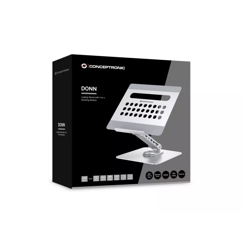 Conceptronic DONN27G, Soporte para portátil, Plata, Aluminio, 360°, USB 3.2 Gen 1 (3.1 Gen 1) Type-C, 5000 Mbit/s