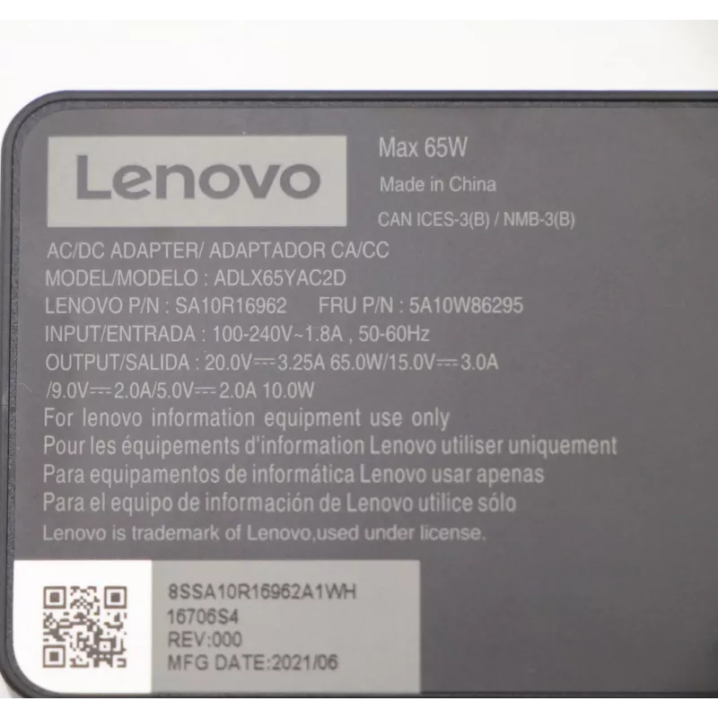 Lenovo 5A10W86295 Fuente de alimentación para interior 65 W Negro