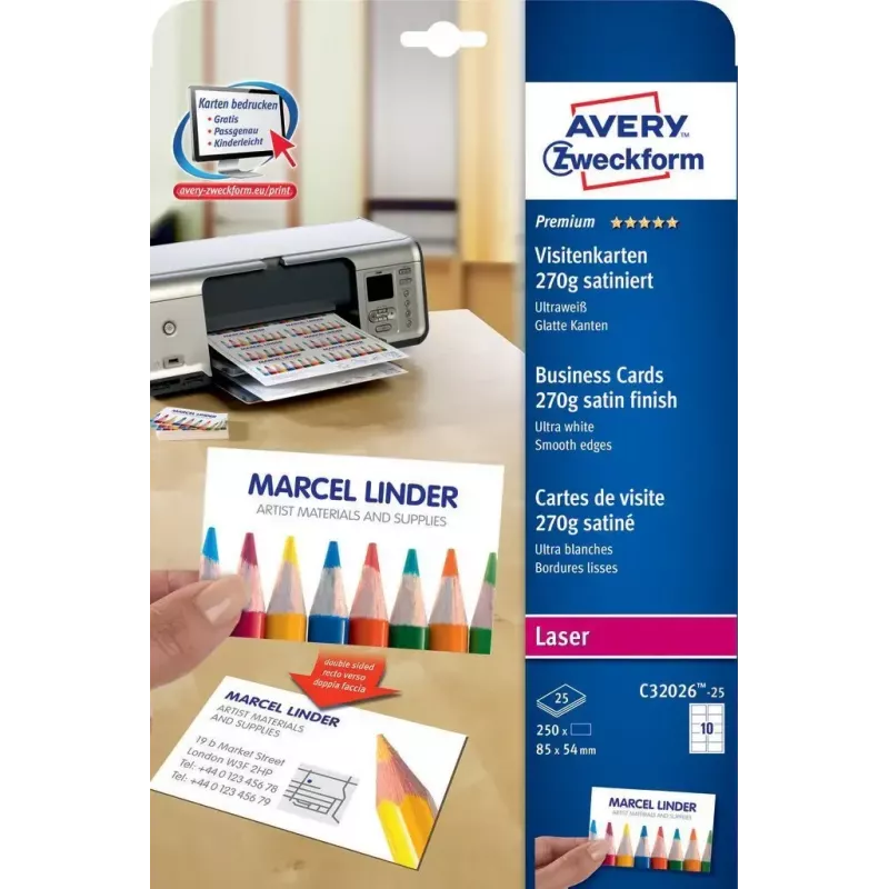 Avery Zweckform Quick&Clean C32026-25 tarjetas de visita, blanco, 54 x 85 mm, 270 g/m2, 250 tarjetas (25 hojas)