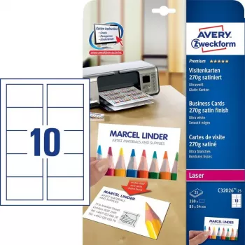 Avery Zweckform Quick&Clean C32026-25 tarjetas de visita, blanco, 54 x 85 mm, 270 g/m2, 250 tarjetas (25 hojas)
