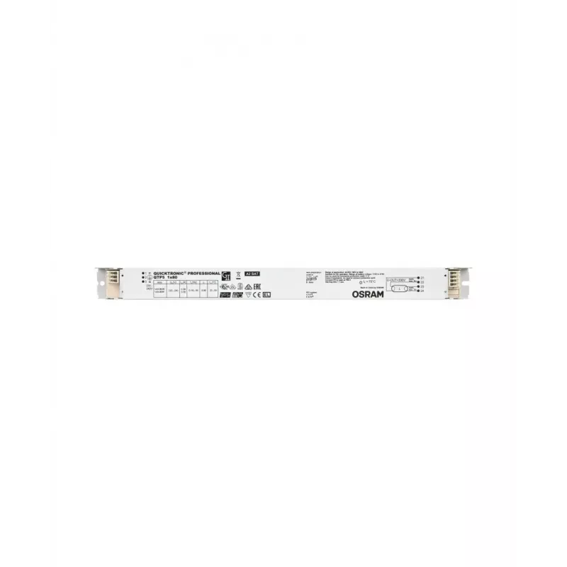 Balasto electrónico Osram QTP5 1X80, vida útil 100000 h, AC 198–264 V, 50/60 Hz, 40 A, -20–50 °C, 360×30×21 mm