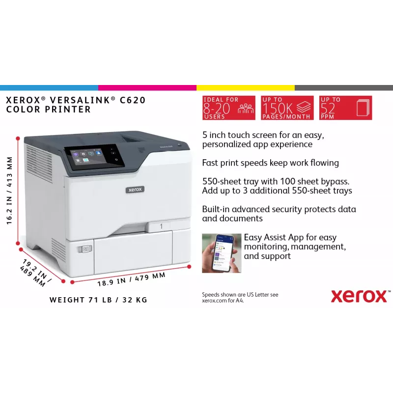 Xerox VersaLink C620 A4 50ppm Dúplex Impresora PS3 PCL5e/6 2 bandejas 650 hojas