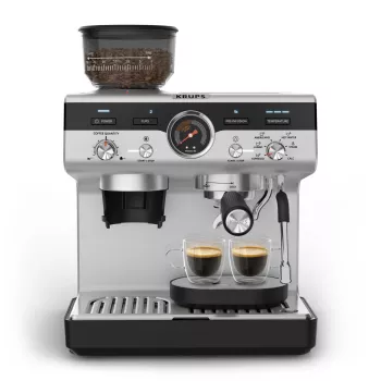 Cafetera espresso KRUPS XP801T semiautomática con molinillo integrado, depósito de agua de 3 litros, salida para 2 tazas, negro/acero inoxidable