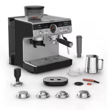 Cafetera espresso KRUPS XP801T semiautomática con molinillo integrado, depósito de agua de 3 litros, salida para 2 tazas, negro/acero inoxidable