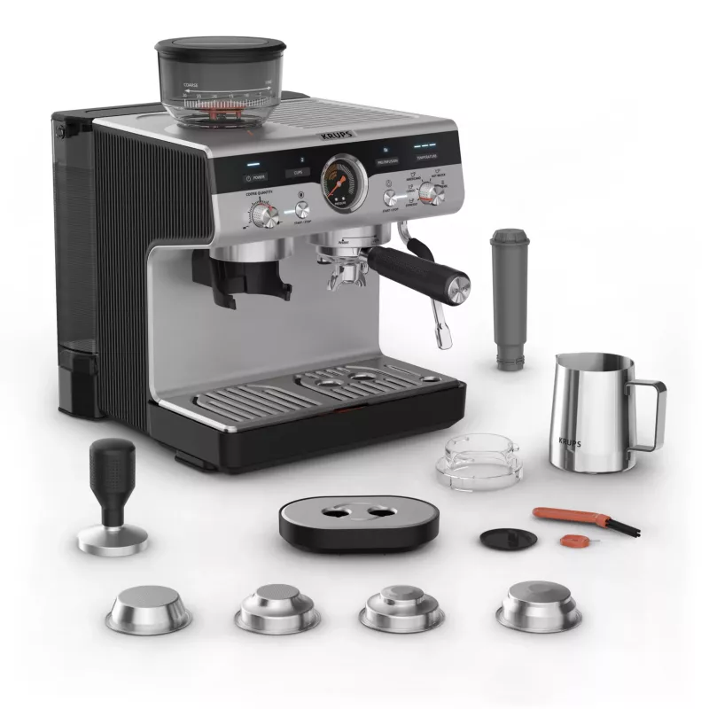 Cafetera espresso KRUPS XP801T semiautomática con molinillo integrado, depósito de agua de 3 litros, salida para 2 tazas, negro/acero inoxidable
