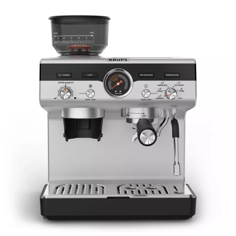 Cafetera espresso KRUPS XP801T semiautomática con molinillo integrado, depósito de agua de 3 litros, salida para 2 tazas, negro/acero inoxidable
