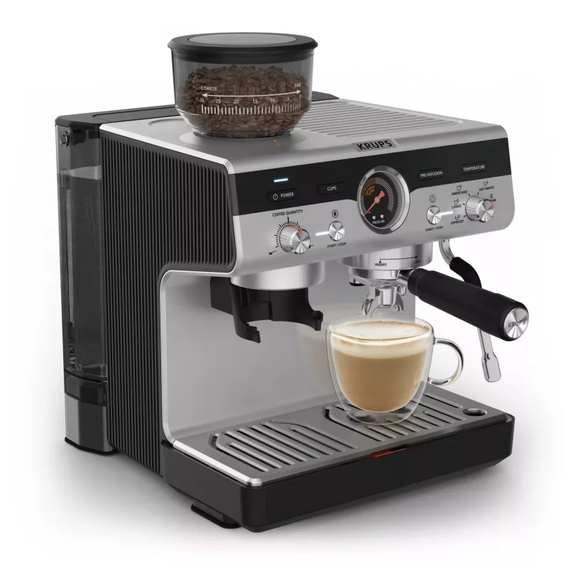 Cafetera espresso KRUPS XP801T semiautomática con molinillo integrado, depósito de agua de 3 litros, salida para 2 tazas, negro/acero inoxidable
