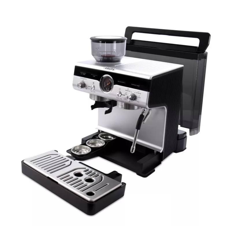 Cafetera espresso KRUPS XP801T semiautomática con molinillo integrado, depósito de agua de 3 litros, salida para 2 tazas, negro/acero inoxidable