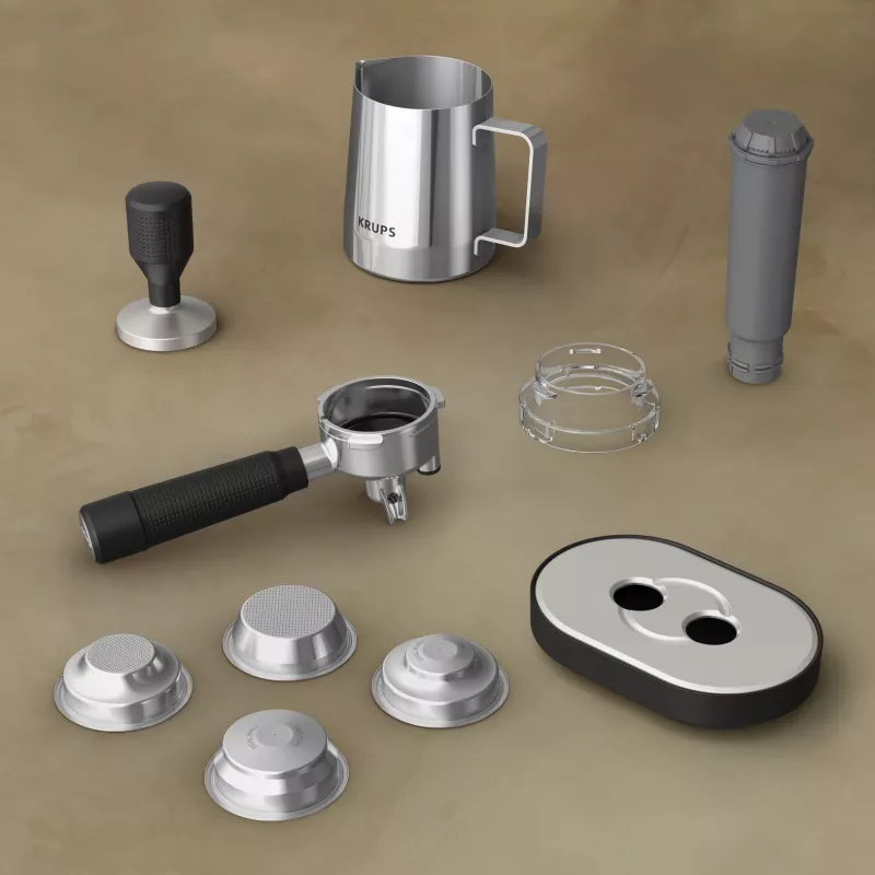 Cafetera espresso KRUPS XP801T semiautomática con molinillo integrado, depósito de agua de 3 litros, salida para 2 tazas, negro/acero inoxidable
