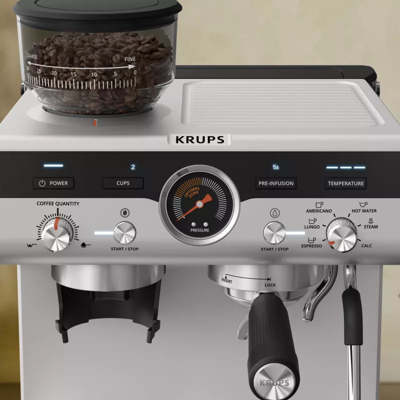 Cafetera espresso KRUPS XP801T semiautomática con molinillo integrado, depósito de agua de 3 litros, salida para 2 tazas, negro/acero inoxidable