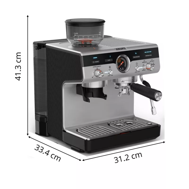 Cafetera espresso KRUPS XP801T semiautomática con molinillo integrado, depósito de agua de 3 litros, salida para 2 tazas, negro/acero inoxidable