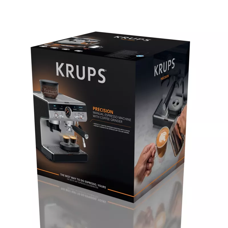 Cafetera espresso KRUPS XP801T semiautomática con molinillo integrado, depósito de agua de 3 litros, salida para 2 tazas, negro/acero inoxidable