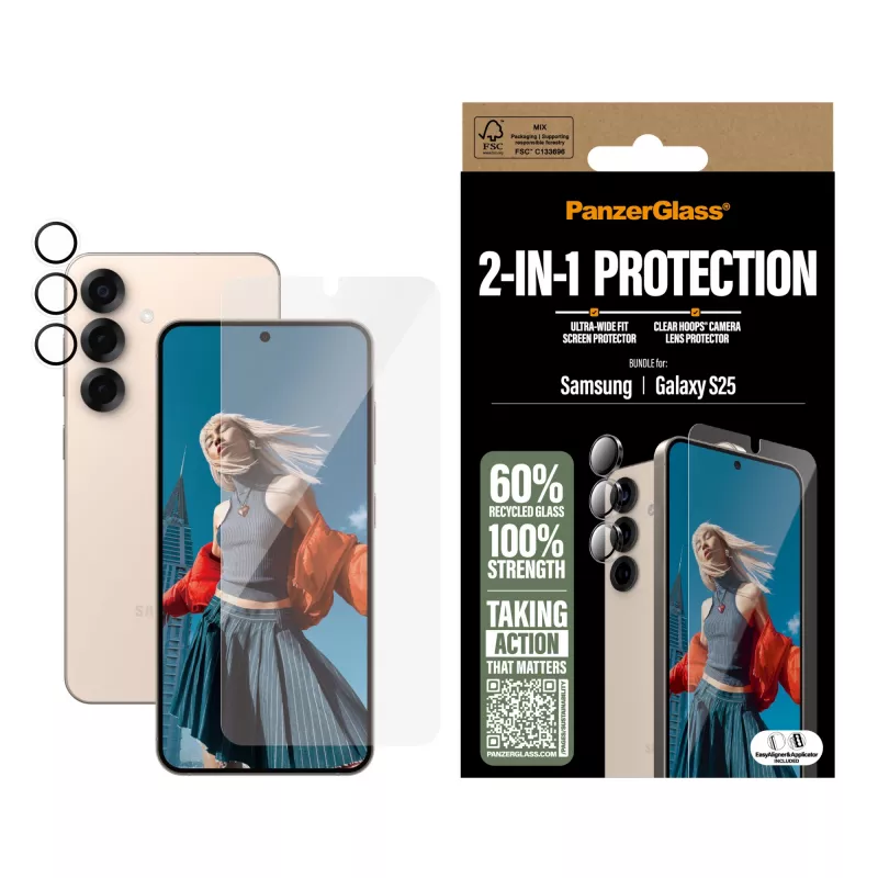 PanzerGlass pack de protección 2 en 1 Samsung Galaxy S25 resistente a arañazos y golpes
