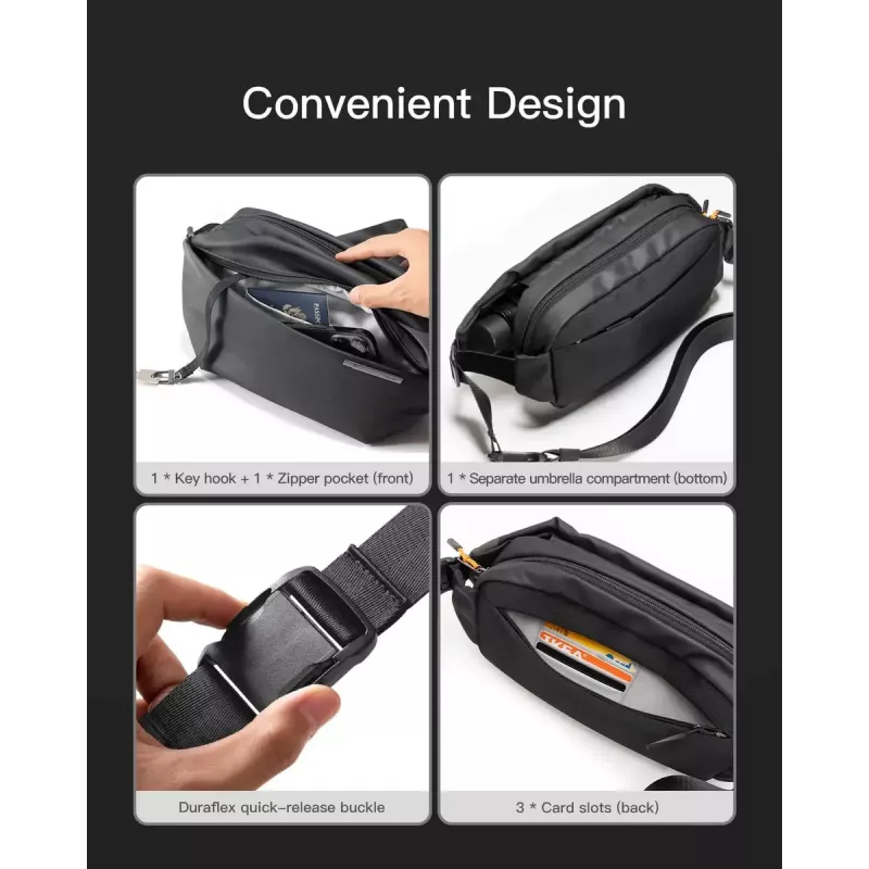 Bolso bandolera Inateck LB03014 — unisex poliéster 900D, cremallera, 4 l, negro