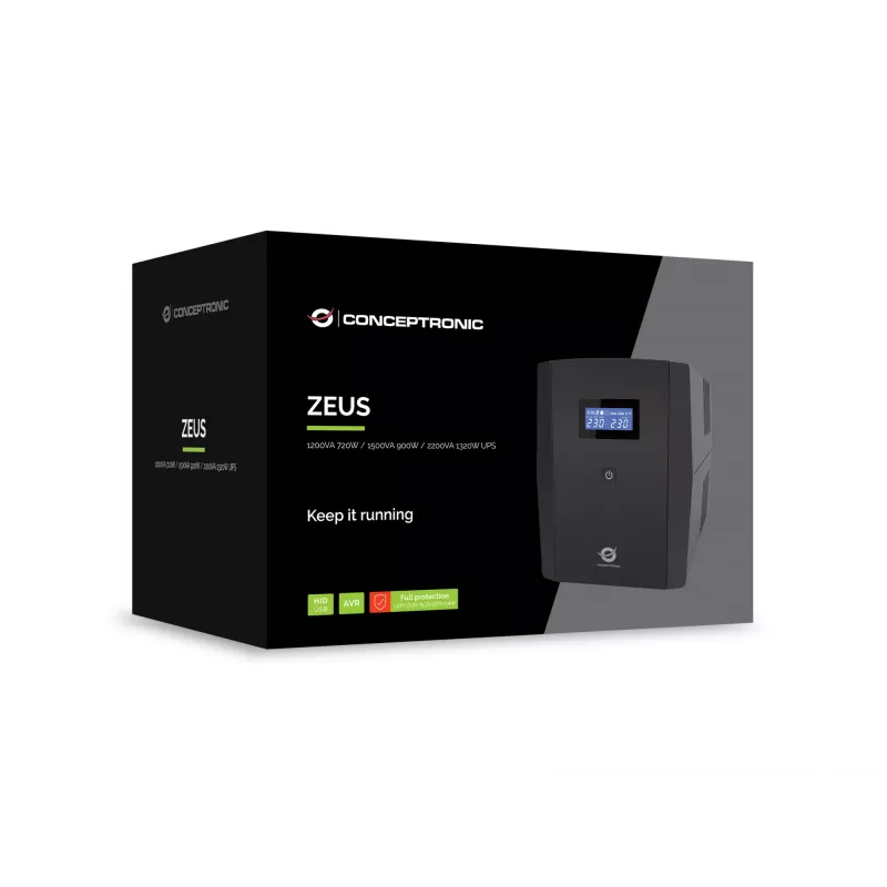 Conceptronic ZEUS03G 1200VA 720W SAI, 4 tomas UK, USB HID, entrada/salida RJ45, AVR