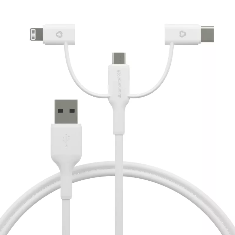 dbramante1928 re-charge - Cable 3 en 1 – USB-A a USB-A, C y Lightning - Blanco