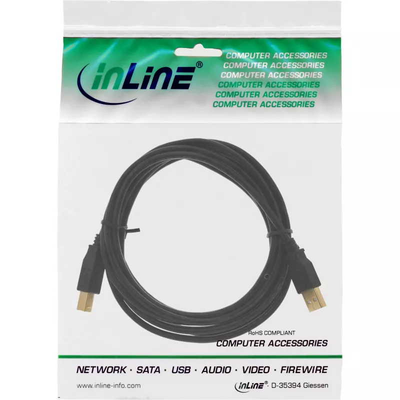 Cable USB 2.0 InLine conector macho Type-A a conector hembra Type-B, 1,5 m, negro, contactos dorados