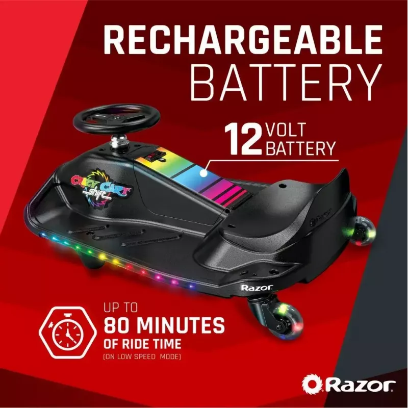 Kart eléctrico de derrape Razor CRAZY CART Shift Lightshow — batería de litio recargable, espectáculo de luces LED, 13 km/h, 40 min