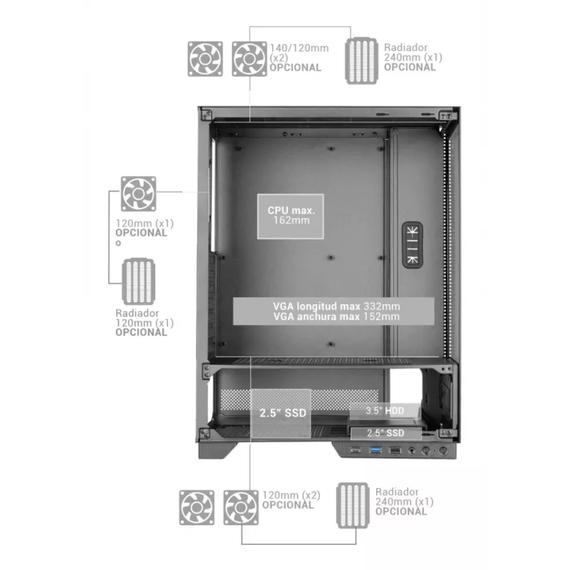Caja de PC TACENS MARS MC-PULSAR LCD ATX Midi Tower, cristal templado, LCD frontal, USB-C, compatible con GPU 33,2 cm