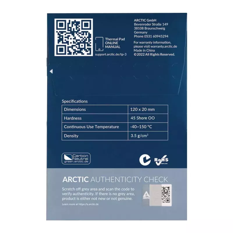ARCTIC TP-3 Premium Performance almohadilla térmica 120 x 20 mm, 1 mm