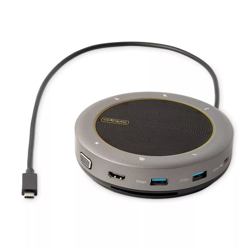StarTech.com Base de acoplamiento con altavoz USB-C, altavoz de conferencia portátil mini y base de audio, USB-C a VGA/HDMI 4K, concentrador 2x USB-A, micrófono/altavoz, altavoz para Teams/Zoom/Softphone