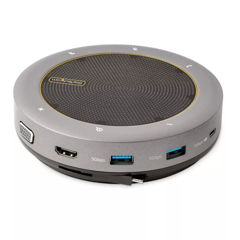 StarTech.com Base de acoplamiento con altavoz USB-C, altavoz de conferencia portátil mini y base de audio, USB-C a VGA/HDMI 4K, concentrador 2x USB-A, micrófono/altavoz, altavoz para Teams/Zoom/Softphone