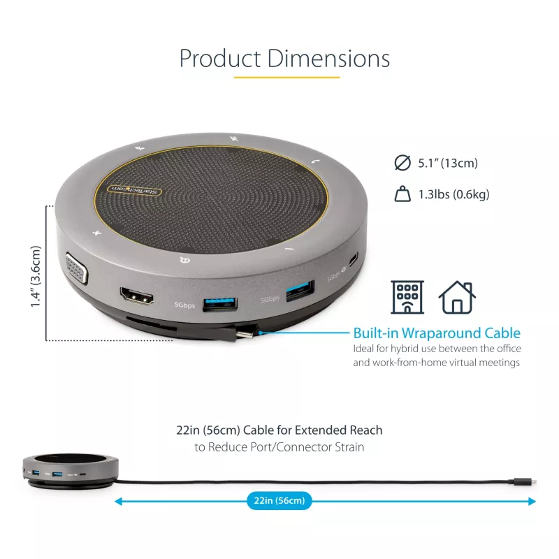 StarTech.com Base de acoplamiento con altavoz USB-C, altavoz de conferencia portátil mini y base de audio, USB-C a VGA/HDMI 4K, concentrador 2x USB-A, micrófono/altavoz, altavoz para Teams/Zoom/Softphone