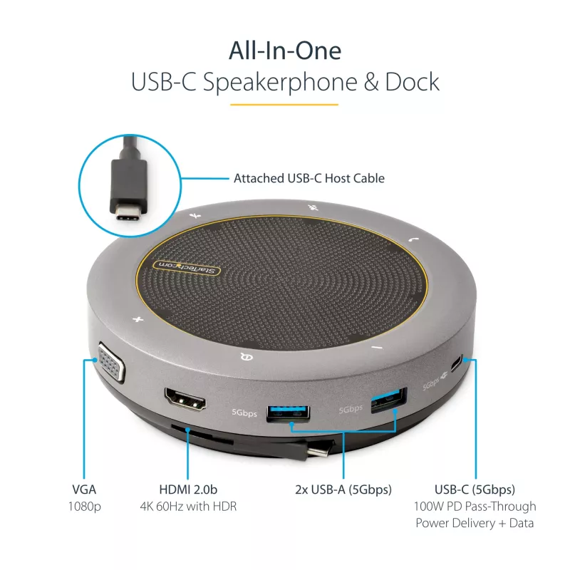 StarTech.com Base de acoplamiento con altavoz USB-C, altavoz de conferencia portátil mini y base de audio, USB-C a VGA/HDMI 4K, concentrador 2x USB-A, micrófono/altavoz, altavoz para Teams/Zoom/Softphone