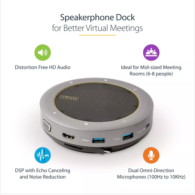 StarTech.com Base de acoplamiento con altavoz USB-C, altavoz de conferencia portátil mini y base de audio, USB-C a VGA/HDMI 4K, concentrador 2x USB-A, micrófono/altavoz, altavoz para Teams/Zoom/Softphone