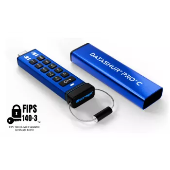 iStorage datAshur PRO+C 256GB | certificado FIPS 140-3 Nivel 3 | unidad USB Type-C segura | cifrado hardware AES-XTS 256 bits | protegida por PIN | adaptador Type-C a A incluido