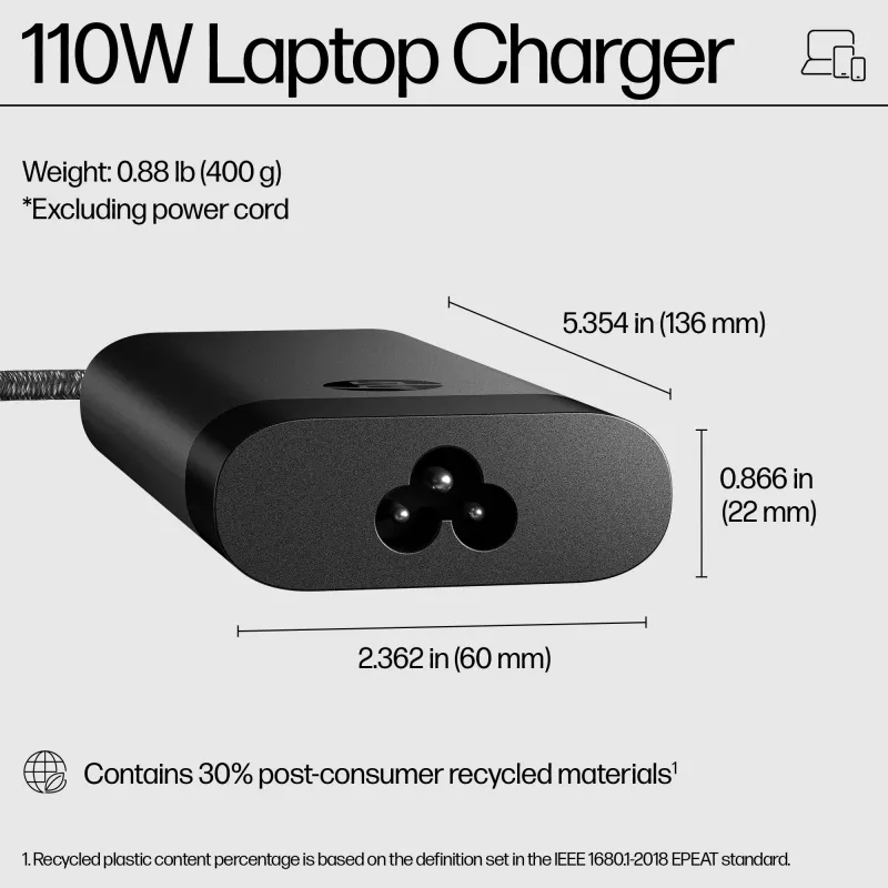 Cargador para portátil HP 110W USB-C, portátil, interior, 43 - 63 Hz, 110 W, 5V/9V/12V/15V/20V, 1,6 A
