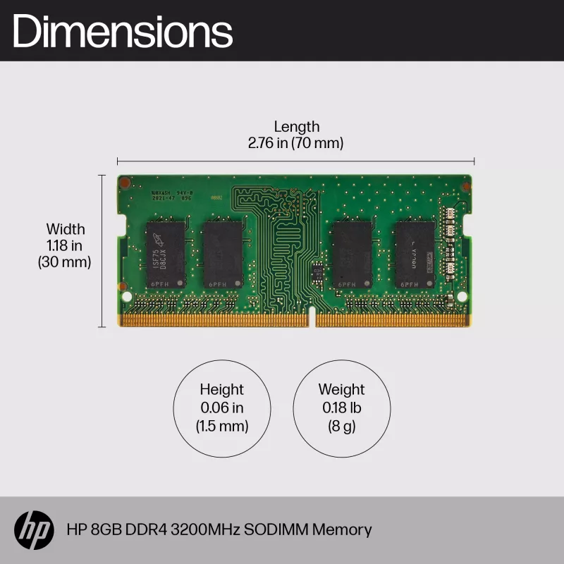 HP 8GB DDR4 3200 SODIMM Memoria, Business, Windows 10, Windows 11, 70 mm, 30 mm, 1,5 mm, 8 g