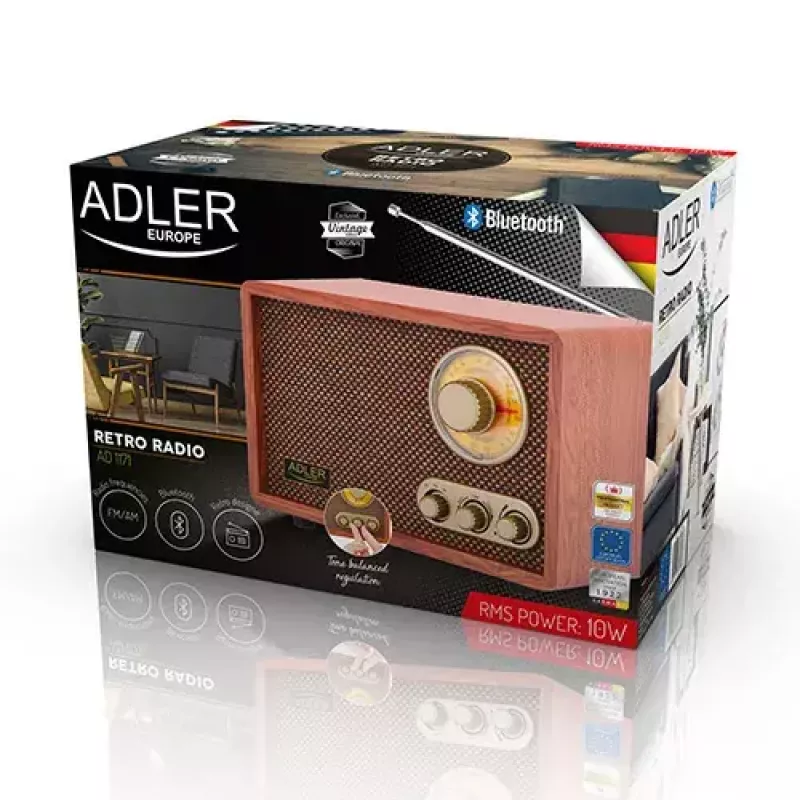 Radio portátil Adler AD 1171 – AM/FM, 10 W RMS, Bluetooth, antena externa, bronce, 290×200×172 mm