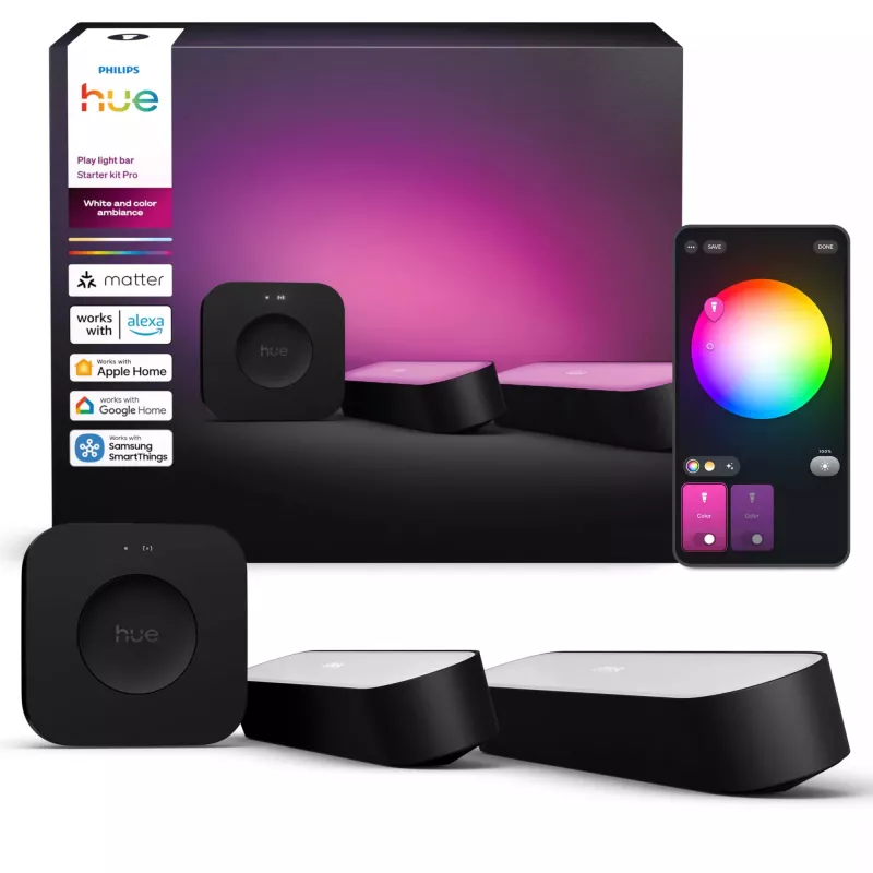 Philips Hue Play Light Bars Kit de Inicio – 2 Play Light Bars + Hue Bridge Pro, Bluetooth, Negro, Conector Type-C