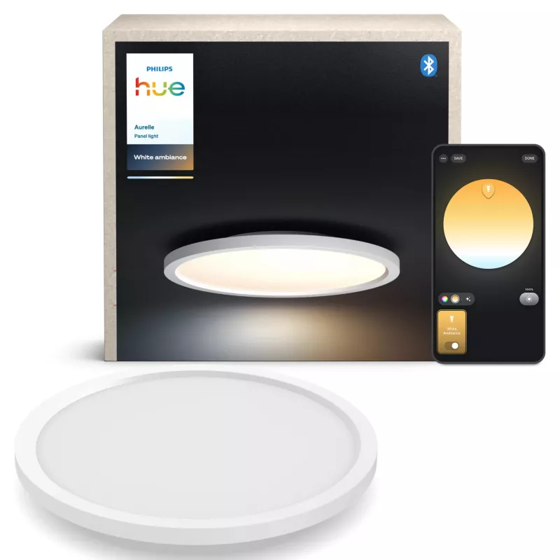 Philips Aurelle Hue Lámpara Panel Redonda, Lámpara de Techo Inteligente, Bluetooth/Zigbee, Blanco, LED, Aluminio, Variable