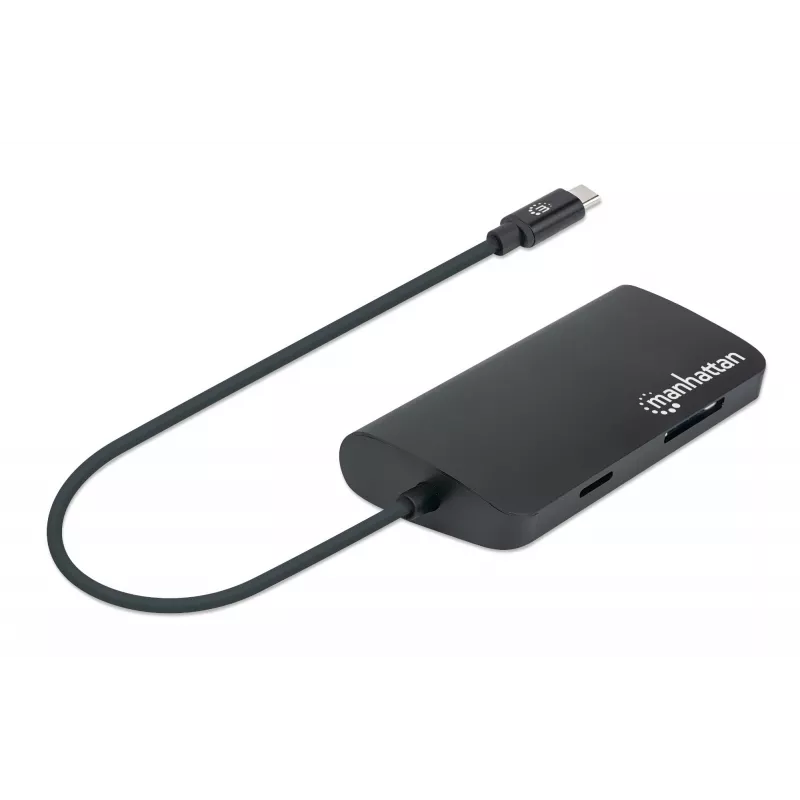 Manhattan Dock/Hub USB-C con lector de tarjetas, conexiones (x5): Ethernet, USB-A (3) y USB-C, 5 Gbit/s (USB 3.2 Gen1 alias USB 3.0), con Power Delivery (100W) al puerto USB-C (nota: se requiere fuente de alimentación USB-C y cable USB-C adicionales), universal para todos los dispositivos, aluminio