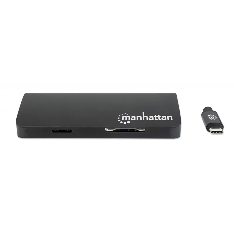 Manhattan Dock/Hub USB-C con lector de tarjetas, conexiones (x5): Ethernet, USB-A (3) y USB-C, 5 Gbit/s (USB 3.2 Gen1 alias USB 3.0), con Power Delivery (100W) al puerto USB-C (nota: se requiere fuente de alimentación USB-C y cable USB-C adicionales), universal para todos los dispositivos, aluminio