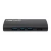 Manhattan Dock/Hub USB-C con lector de tarjetas, conexiones (x5): Ethernet, USB-A (3) y USB-C, 5 Gbit/s (USB 3.2 Gen1 alias USB 3.0), con Power Delivery (100W) al puerto USB-C (nota: se requiere fuente de alimentación USB-C y cable USB-C adicionales), universal para todos los dispositivos, aluminio