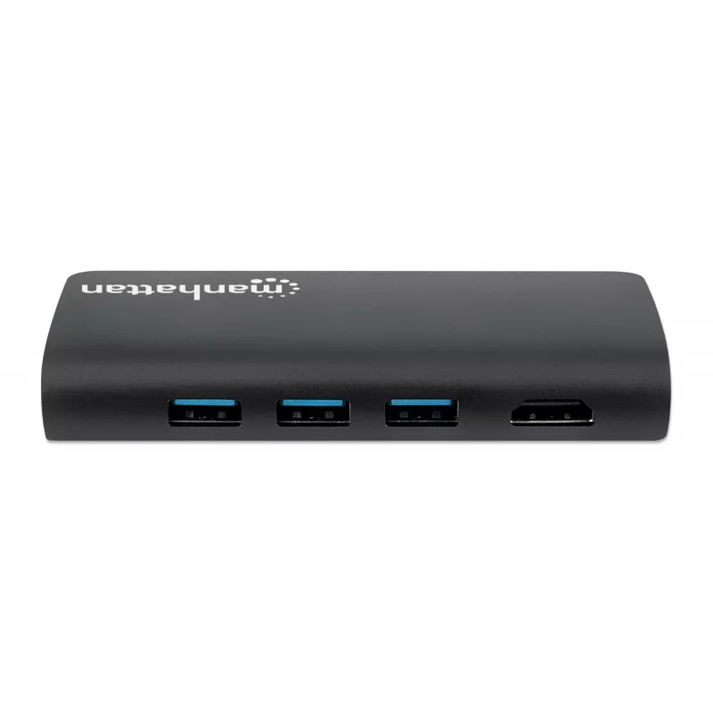 Manhattan Dock/Hub USB-C con lector de tarjetas, conexiones (x5): Ethernet, USB-A (3) y USB-C, 5 Gbit/s (USB 3.2 Gen1 alias USB 3.0), con Power Delivery (100W) al puerto USB-C (nota: se requiere fuente de alimentación USB-C y cable USB-C adicionales), universal para todos los dispositivos, aluminio