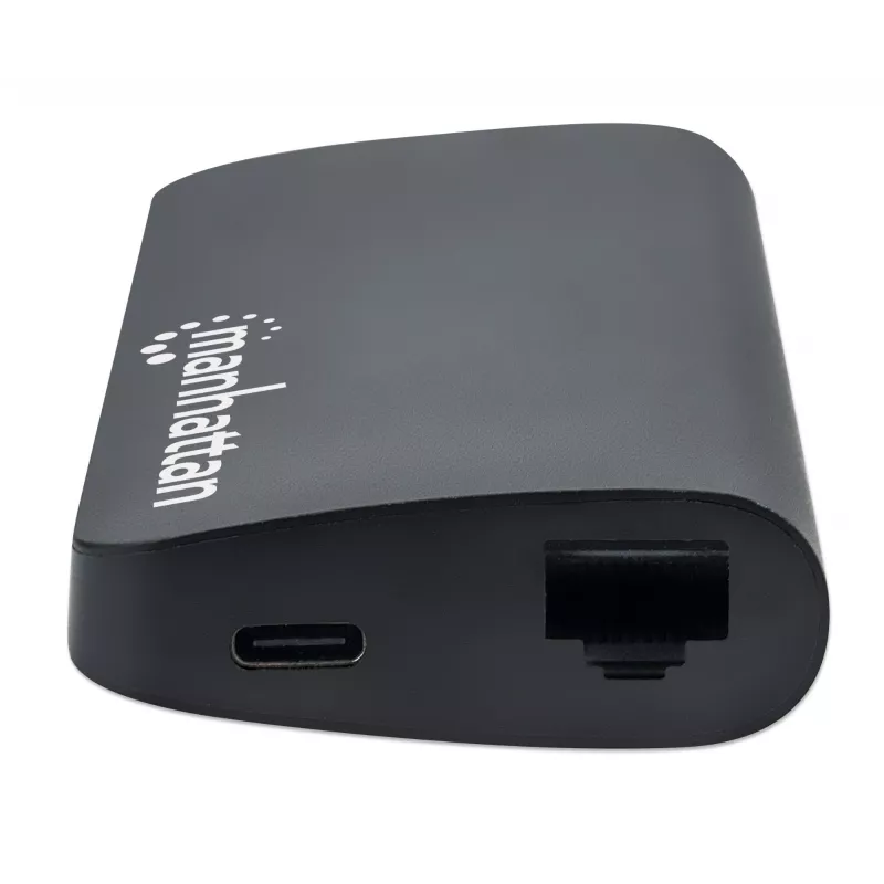 Manhattan Dock/Hub USB-C con lector de tarjetas, conexiones (x5): Ethernet, USB-A (3) y USB-C, 5 Gbit/s (USB 3.2 Gen1 alias USB 3.0), con Power Delivery (100W) al puerto USB-C (nota: se requiere fuente de alimentación USB-C y cable USB-C adicionales), universal para todos los dispositivos, aluminio