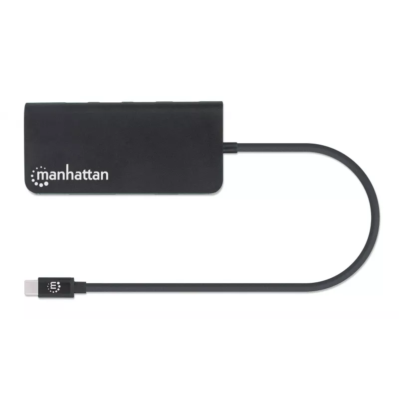 Manhattan Dock/Hub USB-C con lector de tarjetas, conexiones (x5): Ethernet, USB-A (3) y USB-C, 5 Gbit/s (USB 3.2 Gen1 alias USB 3.0), con Power Delivery (100W) al puerto USB-C (nota: se requiere fuente de alimentación USB-C y cable USB-C adicionales), universal para todos los dispositivos, aluminio