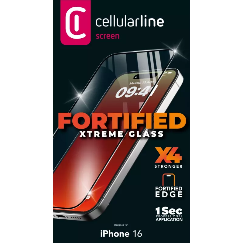Cellularline Fortified Xtreme Glass - iPhone 16 vidrio templado ultrarresistente con bordes reforzados, fácil de instalar y extremadamente resistente
