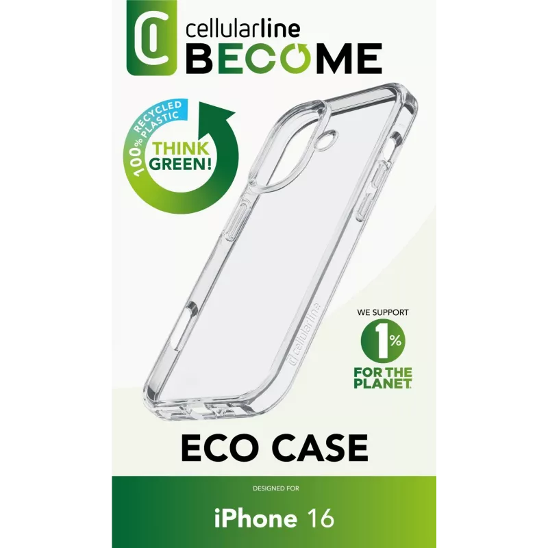 Cellularline Become Case - Funda para iPhone 16 de plástico 100 % reciclado